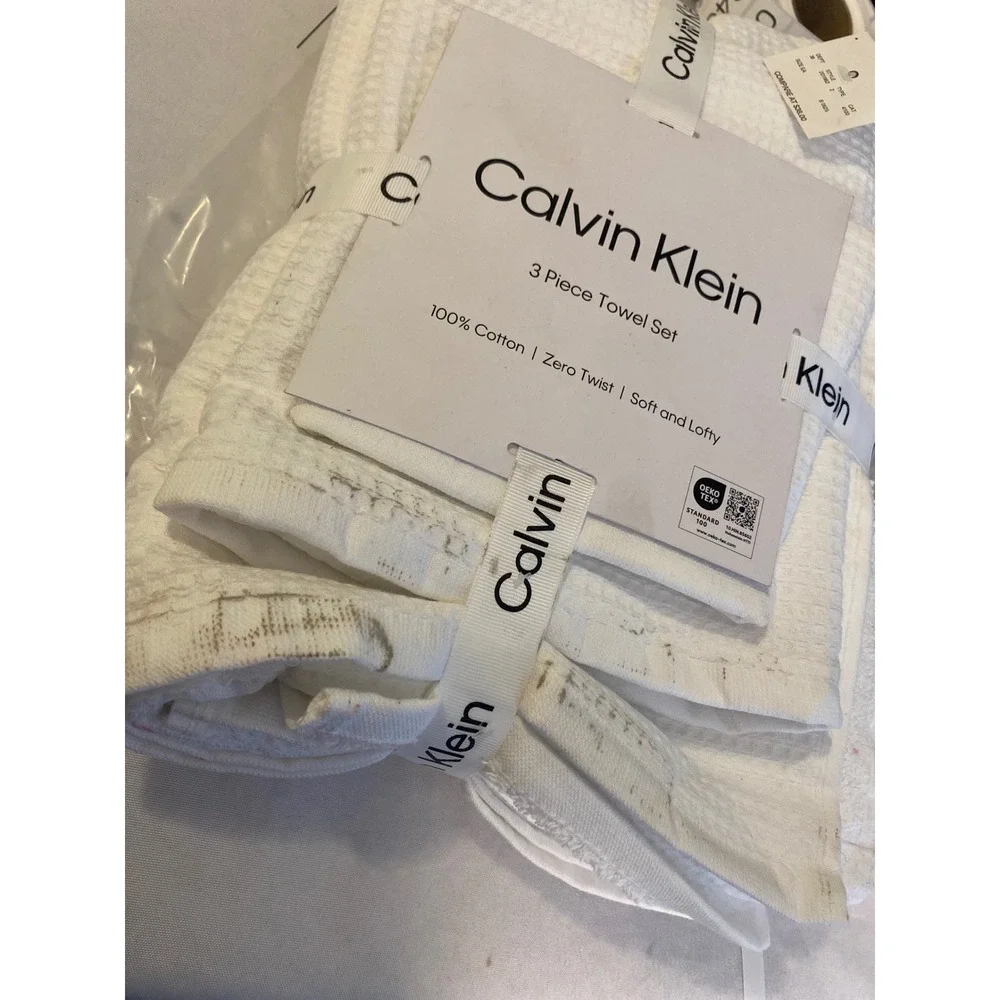 Calvin Klein Eternity Solid White 3 Piece Towel Set 100% Cotton Waffle Weave NEW